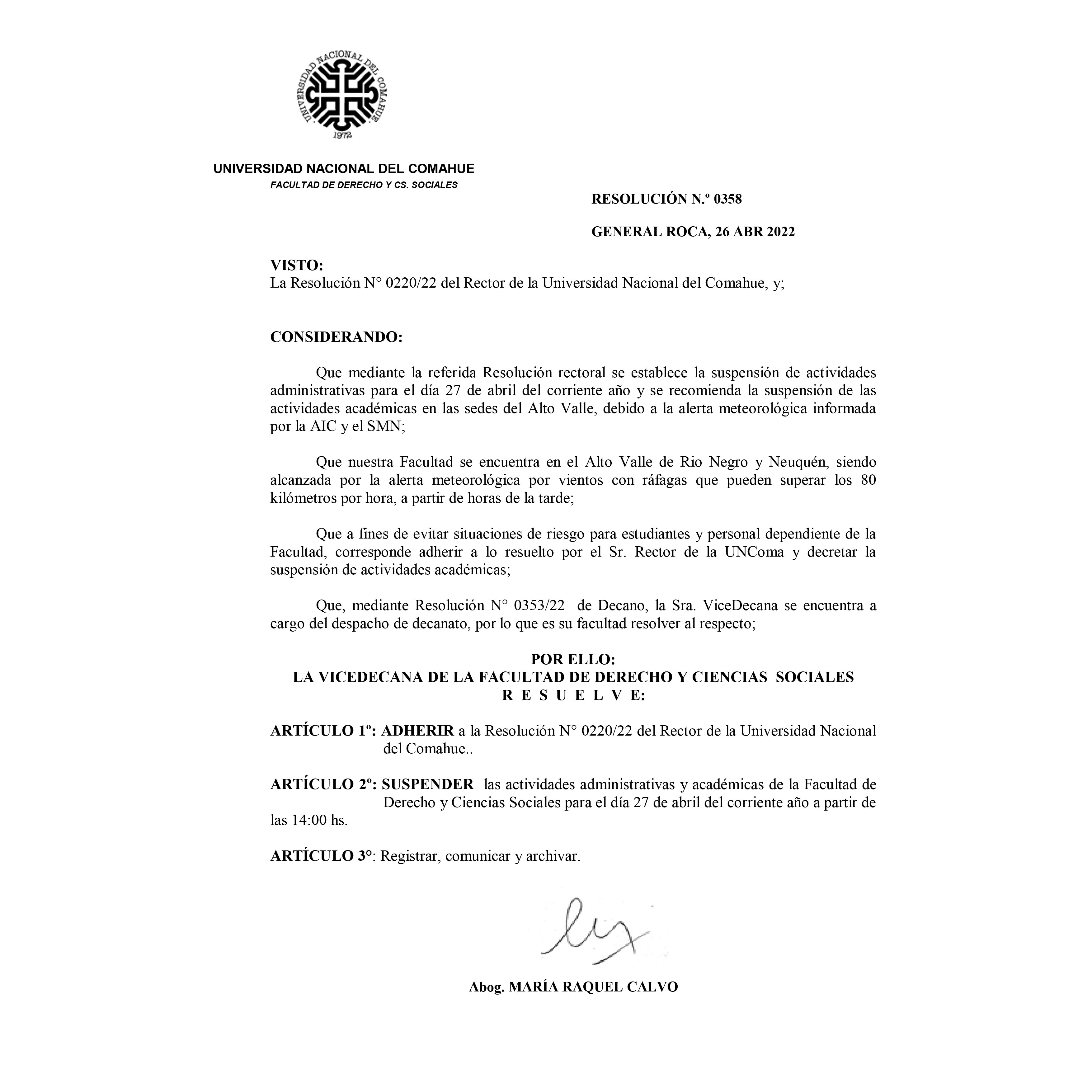 ADHESIÓN DE LA FADECS A LA RESOLUCIÓN RECTORAL 0220